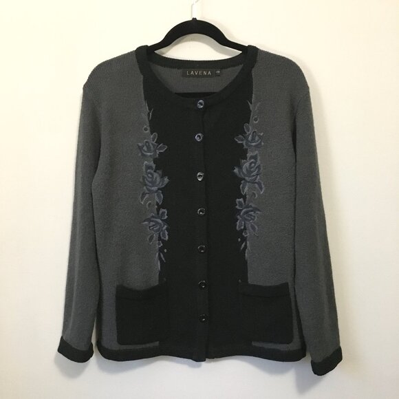Lavena Black and Grey Embroidered Nubby Button Down Dark Cottage Cardigan - Picture 1 of 15